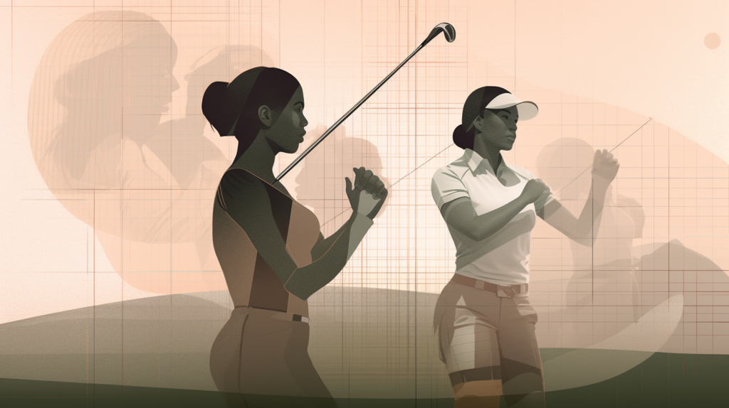 A powerful image capturing the dual narrative of GOLF, acknowledging its historical prohibitive policies while celebrating the progress towards inclusion. Scenes unfold with female golf legends Annika Sorenstam and Michelle Wie, symbolizing the boundless potential unleashed as barriers for women fell. Visual elements convey contemporary female youngsters embracing golf as an open and inviting path, highlighting the triumph over systematic exclusion. The image encapsulates the forward advancement cultivating accessibility across golf and signifies the transformation of GOLF's original restrictive intent into an archaic relic in the modern era