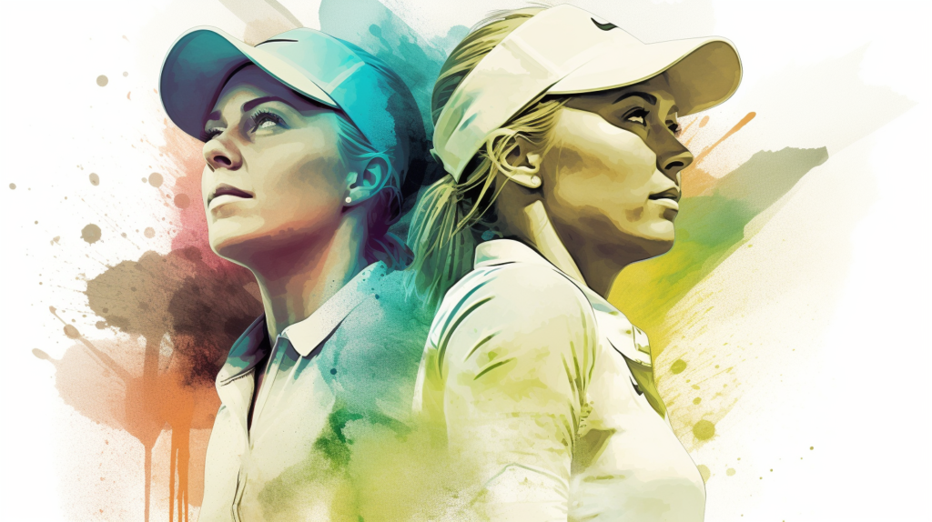 A thought-provoking image capturing the contemporary landscape of golf. Scenes unfold with women competing in prominent tournaments, showcasing the achievements of golf superstars. Yet, economic imbalances persist, symbolized by differences in prize purses and sponsorships. Subtle cultural biases, like the prominence of male players on magazine covers, are visually represented. The image encapsulates the complexities of the modern golf landscape, acknowledging progress while highlighting the ongoing work needed to address historical legacies and achieve true equality in the sport