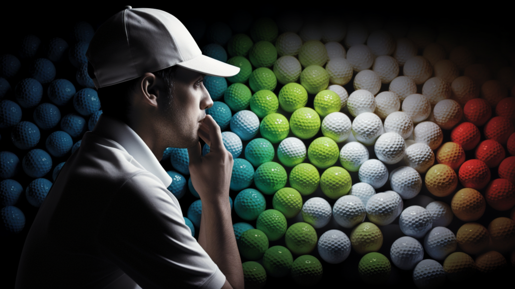 An artistic depiction featuring four golf balls suspended in mid-air, each embodying a distinct construction type. The first ball, representing the two-piece design, exudes durability and affordability. The second, a three-piece ball, balances distance and softness for average golfers. The third showcases the sophistication of four/five-piece balls, emphasizing spin control and shot-shaping for advanced players. The fourth, a lower compression ball, symbolizes softness and maximum velocity. In the backdrop, a serene golf course setting subtly complements the diverse characteristics of these golf ball types, guiding players towards informed choices