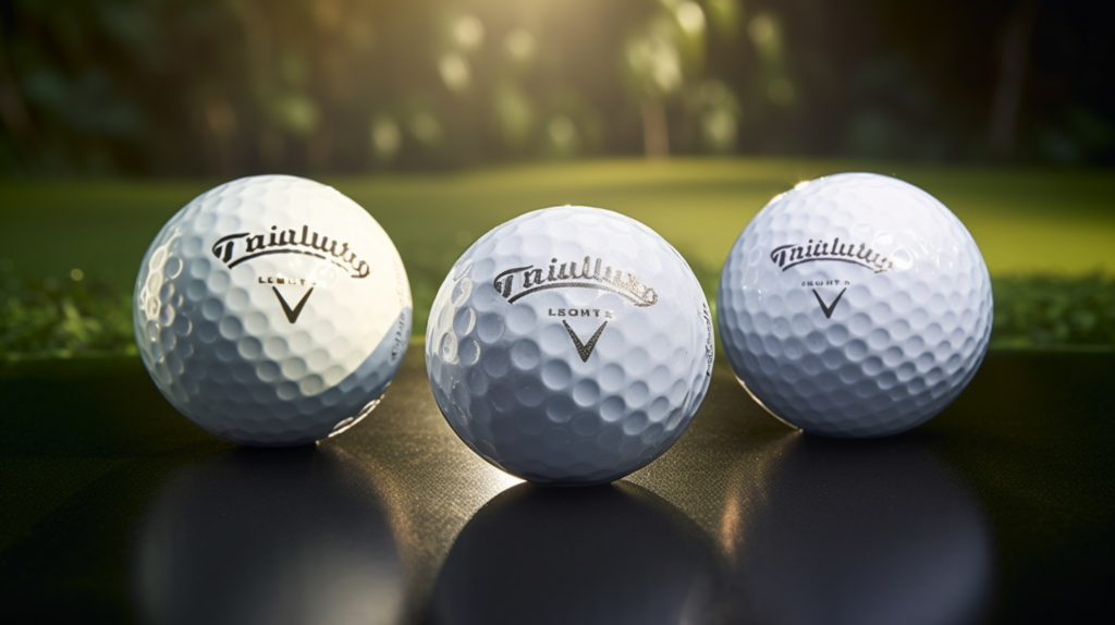 An artistic arrangement featuring three golf balls, each embodying a distinct price tier and brand. The premium ball, represented by the iconic Titleist Pro V1, stands at the forefront, symbolizing elite performance and mastery. The intermediate ball, a Callaway Chrome Soft, balances soft feel with distance for mid-handicaps. In the background, a Srixon Soft Feel, a representative of basic two-piece distance balls, signifies affordability for newer players. Logos of renowned brands, including TaylorMade, Bridgestone, and Vimble, are subtly integrated, and a serene golf course backdrop completes the visual, underlining the diversity of options across different budget ranges