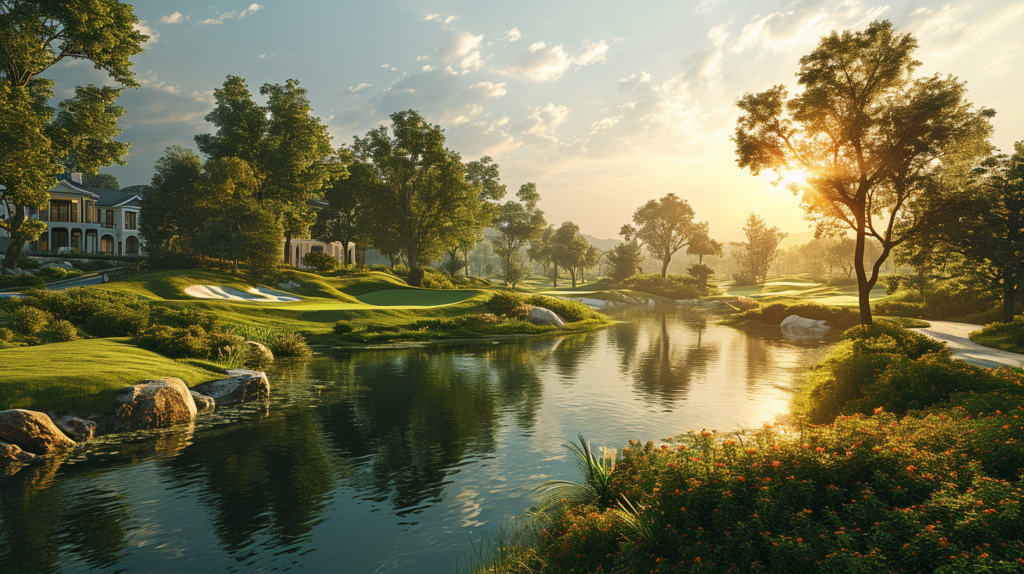A captivating visual representation of a regulation 18-hole golf course spanning 120 to 150 acres, highlighting the meticulous design featuring tee boxes, wide fairways, manicured greens, sand traps, and scenic water hazards on 5-8 holes. The image showcases variations in elevation, mature trees, and meandering cart paths connecting each hole. In contrast, a compact 9-hole executive golf course occupies 65 to 90 acres, with shorter hole lengths catering to beginners, seniors, and those seeking a faster pace of play. Additionally, a mini golf facility, taking up just a couple of acres, is depicted with creative artificial greens and thematic barriers, maximizing entertainment within a small footprint for family or group fun