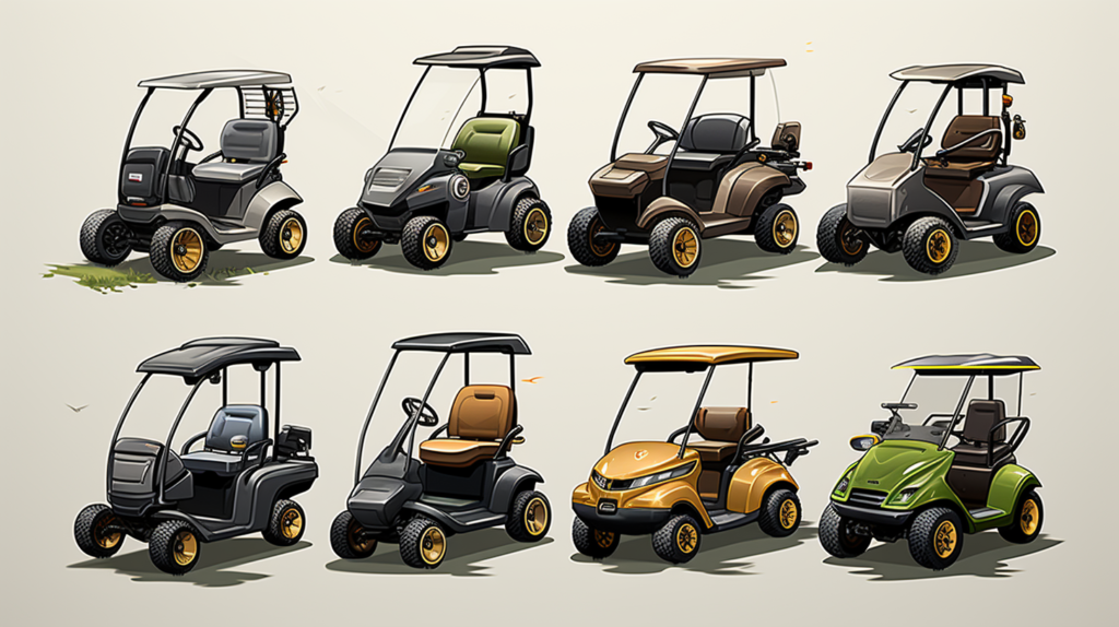 An image showcasing the dynamic factors affecting golf cart speeds. Diagrams illustrate the correlation between motor size, power, and resultant speed capabilities. Weight distribution visuals depict how cart weight influences speed, with lighter speedster models contrasting with heavier, battery-laden counterparts. Terrain variations, including smooth paths and uneven surfaces, underscore the impact of environmental conditions. Speed control governor symbols highlight the balance between safety and performance, showcasing how electronic governors govern speeds for stable handling. The visual narrative complements the detailed insights presented in the blog post."