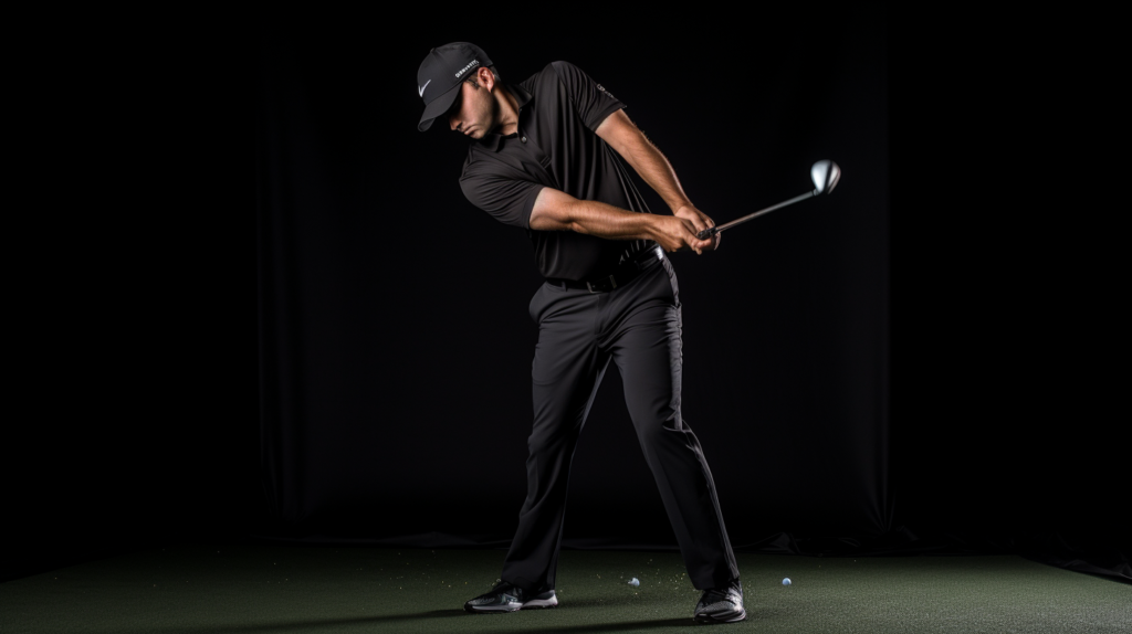 An image portraying a golfer executing a meticulous backswing, emphasizing the key points outlined in the blog. The golfer's smooth takeaway, wrists naturally hinging, and a controlled shoulder turn, maintaining the established spine angle. The image depicts the golfer reaching the optimal positions for power without overextending, highlighting the importance of a well-executed backswing for an effective golf swing. Alternative text: 'A golfer in a deliberate backswing, showcasing controlled motions, proper wrist hinge, and shoulder rotation. The image captures the essence of building power while maintaining control, as advised in the blog
