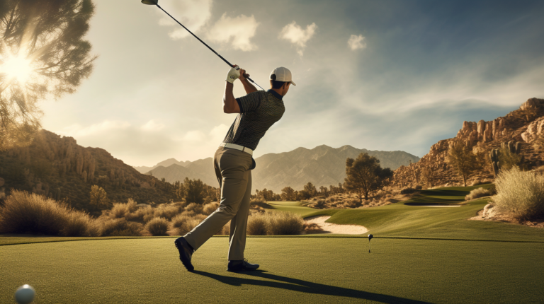 Generate an image capturing the essence of a golfer mid-swing on a lush, sunlit golf course. The golfer should be dressed in a stylish and well-coordinated golf outfit, showcasing the perfect blend of comfort, performance, and etiquette. The backdrop should emphasize the beauty of the golf course, creating a visually appealing scene that resonates with the joy of the game