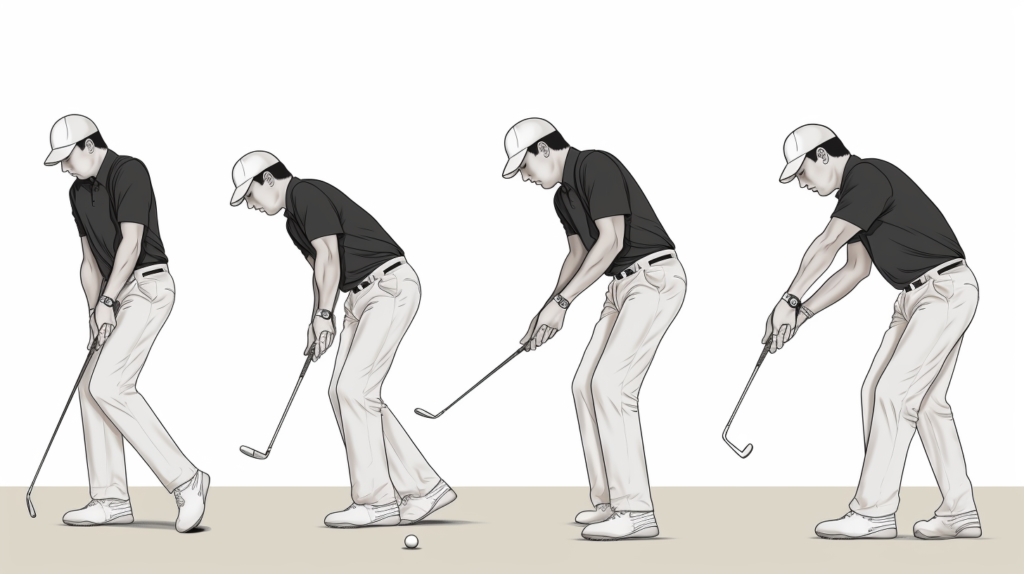 An image portraying a golfer in a perfect setup and stance, showcasing the crucial elements outlined in the blog. The grip, with fingers wrapped around the club, the feet positioned shoulder-width apart, and a slightly flexed posture. The golfer's focus on maintaining a steady spine angle and correct ball position, capturing the essence of a solid foundation for a powerful and controlled golf swing. Alternative text: 'A golfer in ideal setup, emphasizing grip, stance, and posture. The image illustrates the key elements for creating a foundation for an effective golf swing as detailed in the blog
