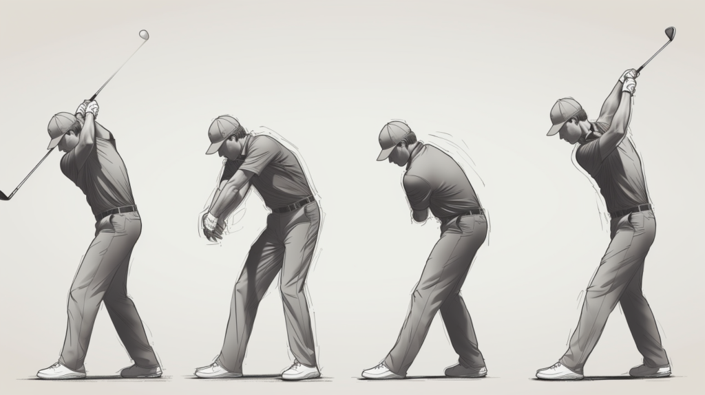 In this visual depiction, a golfer seamlessly executes a chip shot with a smooth, pendulum-like motion. The image captures the controlled contact as the lofted wedge effortlessly lifts the ball towards the target. The golfer's disciplined posture, passive wrists, and balanced stance showcase the efficiency of this chipping technique. With a focused gaze, extended arms, and a short follow-through, the golfer achieves optimal impact and precision, emphasizing the effectiveness of this method for consistent chip shots