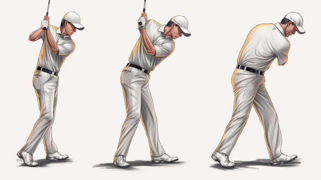 An image depicting a golfer seamlessly transitioning from backswing to downswing, showcasing the crucial techniques outlined in the blog. The golfer initiates the downswing with a lateral hip bump, ensuring controlled arm descent and synchronized upper body movement. The image emphasizes the weight shift into the front side, showcasing the powerful brace for added leverage. The golfer's patient hand use through the mid downswing and the dynamic release at impact are illustrated, symbolizing the efficient club acceleration described in the blog. Alternative text: 'A golfer in the dynamic transition, showcasing lateral hip movement, controlled arm descent, and weight shift. The image captures the essence of efficiently accelerating the club for solid ball striking, as advised in the blog