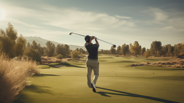 A golfer in mid-swing, battling the frustration of a persistent slice. The determination in their eyes meets the promise of improvement as the club connects with the ball, set against the backdrop of a pristine golf course. A transformation from wayward shots to precision in progress.