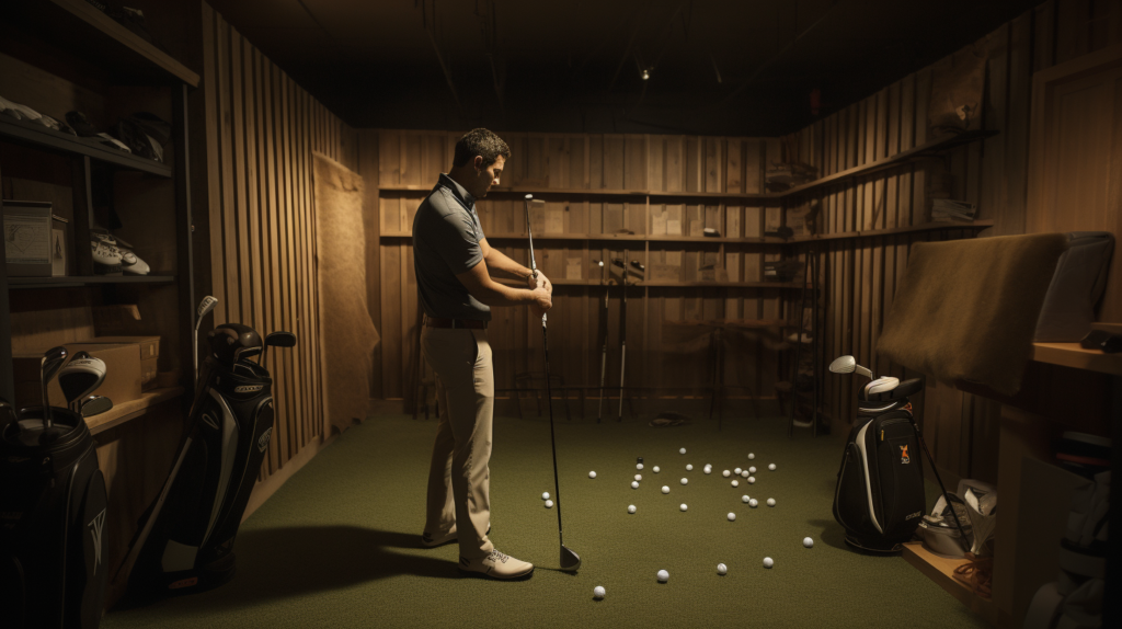 A golfer immersed in the world of equipment adjustments, surrounded by an array of clubs. The focus is on loft specifications, as the golfer contemplates the potential impact on their slice. The image captures the spirit of exploration and the quest for the perfect club setup, illustrating the role of equipment adjustments in the journey towards straighter, more controlled shots