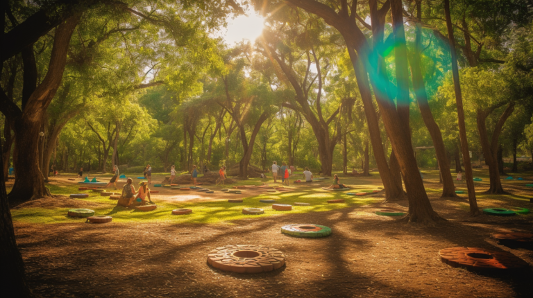 Image Description: A vibrant disc golf course nestled in a lush green park, featuring iconic metal baskets and meandering fairways. Players of diverse ages and skill levels engage in the game, each poised for a throw with colorful flying discs in hand. The image captures the essence of disc golf—a unique blend of strategy and fun, set against the backdrop of nature's beauty, inviting everyone to join in the excitement