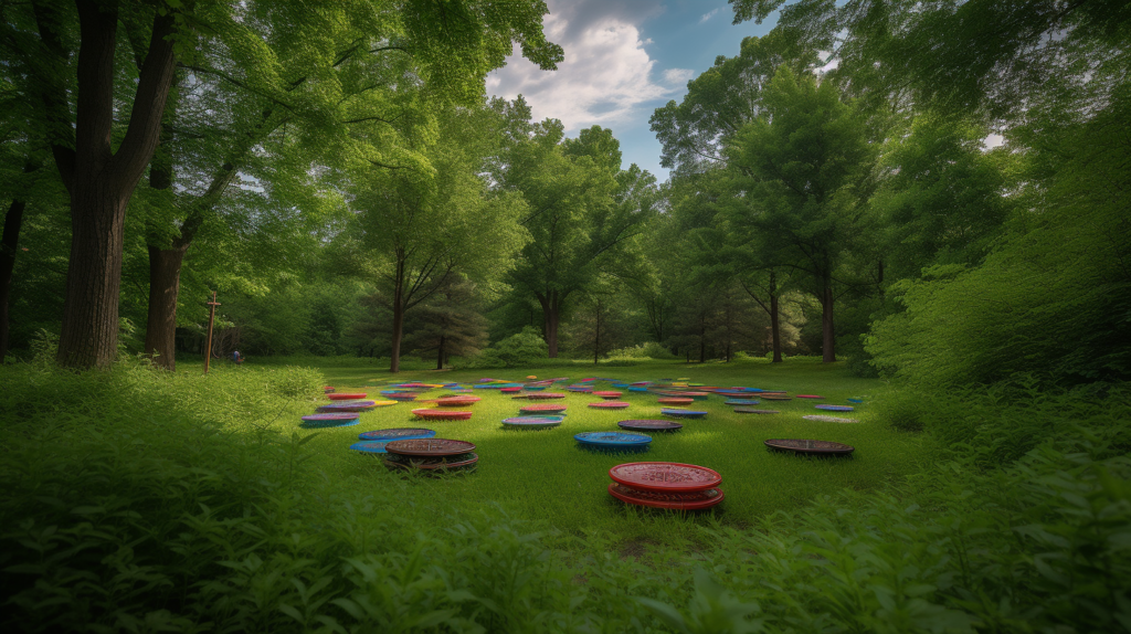 Image Description: A lively scene on a disc golf course, where players engage in throws and putts with focus and camaraderie. Some areas are marked with white stakes, indicating out-of-bounds zones. A player is shown taking a penalty stroke after landing 'OB,' showcasing the adherence to rules. The atmosphere reflects the competitive yet friendly spirit of disc golf, where players respect the etiquette and navigate challenges akin to traditional golf. The image captures the essence of strategy and sportsmanship in disc golf