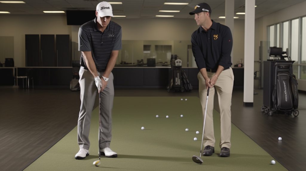 A golfer at a tranquil practice range, engaged in mini club length tests by choking down on the grip. The image conveys the golfer's thoughtful experimentation, observing center strike consistency and distance control. This DIY approach serves as a virtual length reduction test, highlighting the golfer's commitment to staying attuned to their evolving needs. The image emphasizes the importance of periodic rechecks and keeping an open mind about club specifications over the years. As the golfer continues to evolve, the image reflects the dedication to optimizing club fit for the best possible performance throughout their golfing journey