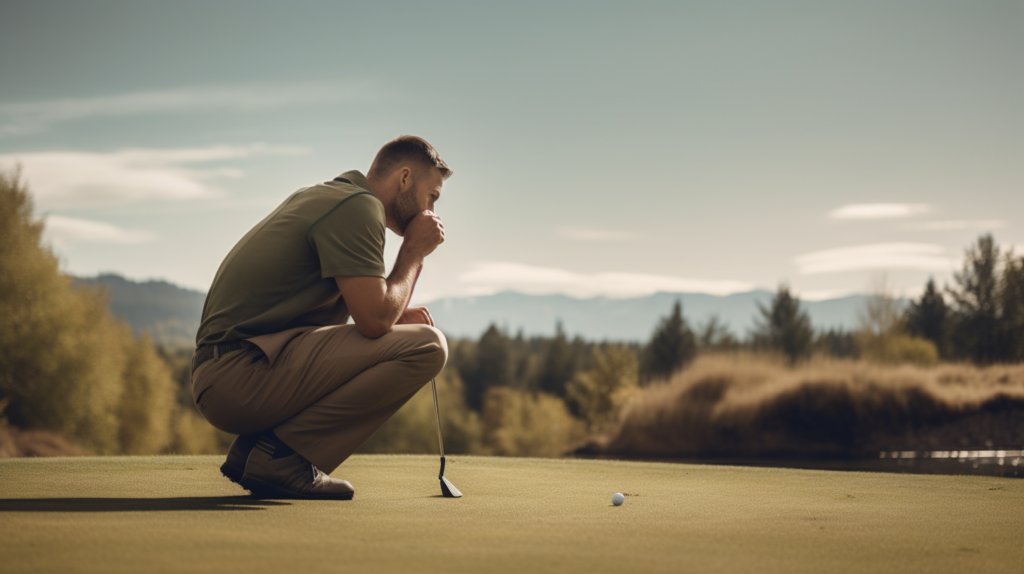 In a pivotal moment on the golf course, a golfer stands at the spot where the provisional ball lies, acknowledging the transition from the original lost ball. The golfer's demeanor reflects the understanding that the provisional is now the official ball in play. The image conveys the strategic decision to take a stroke-and-distance penalty, showcasing the golfer's readiness to continue the game and minimize potential penalties in the scenic golf course setting.