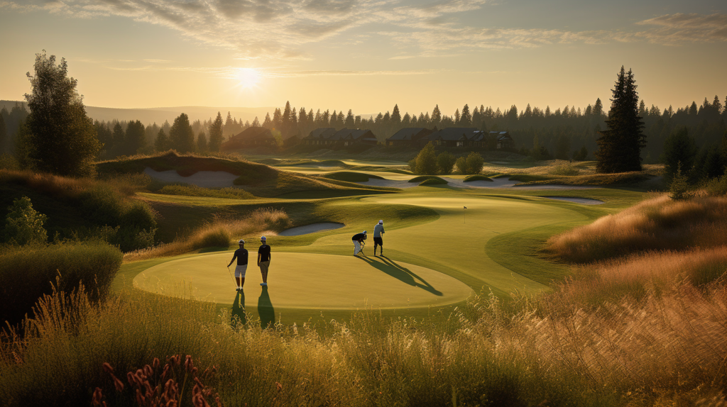 A group of friends on the first tee, bathed in the soft glow of the setting sun, engage in the timeless tradition of mulligans. One player, with a good-humored grin, prepares for a do-over after a wayward tee shot. The image encapsulates the informal and friendly nature of mulligans in casual play, emphasizing the importance of group consensus and fair play. The camaraderie among the players radiates, creating a visual representation of the shared enjoyment and sportsmanship that define the use of mulligans in recreational golf.