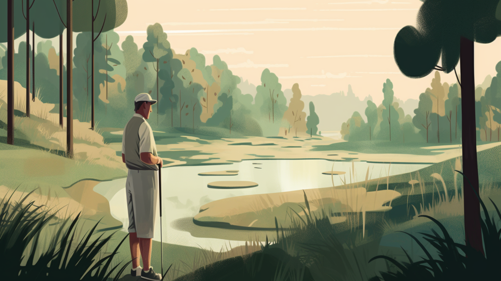 A golfer stands on the first tee, immersed in the natural beauty of the golf course, contemplating a mulligan after an early misstep. The image captures the golfer's thoughtful expression, hinting at strategic considerations such as club selection and swing adjustments for the do-over. The surrounding scenery adds to the allure, highlighting the blend of strategy and enjoyment that mulligans bring to the game. The golfer's decision reflects not just a desire for a better score but also the pursuit of camaraderie and positive vibes throughout the round.