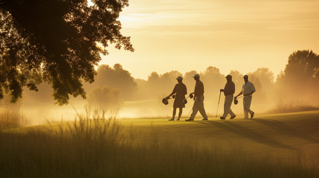 A golfer, framed by the tranquility of a golf course at dawn, contemplates a mulligan on the first tee. The image reflects the dual nature of mulligans – a strategic decision to improve the game and an opportunity to relieve early-round pressure. The player's focused expression hints at the thoughtful consideration of club selection and swing adjustments, highlighting the strategic dimensions of mulligan use. The image encapsulates the blend of strategy, camaraderie, and enjoyment that defines the role of mulligans in the amateur golfing experience.