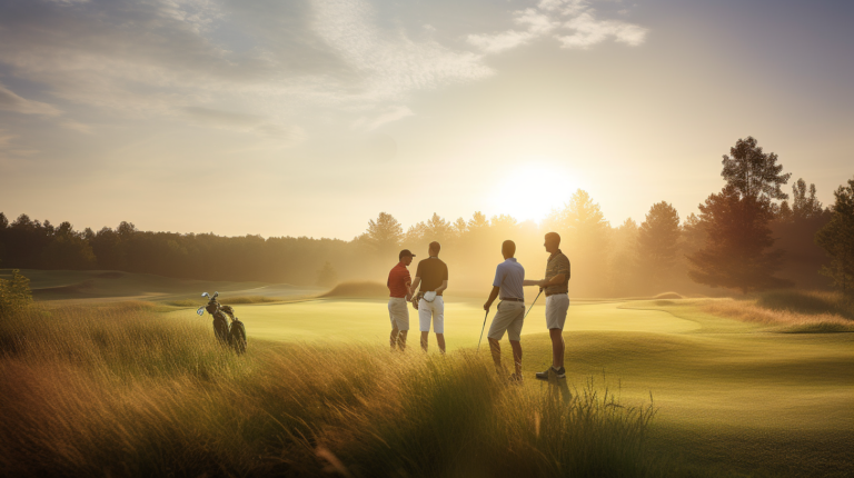 A golfer on the first tee, bathed in golden sunlight, takes a mulligan with a smile, turning a potential setback into a lighthearted moment. The lush greenery of the golf course frames the scene, emphasizing the camaraderie and enjoyment that mulligans bring to the game, transcending skill levels and embodying the true spirit of recreational golf.