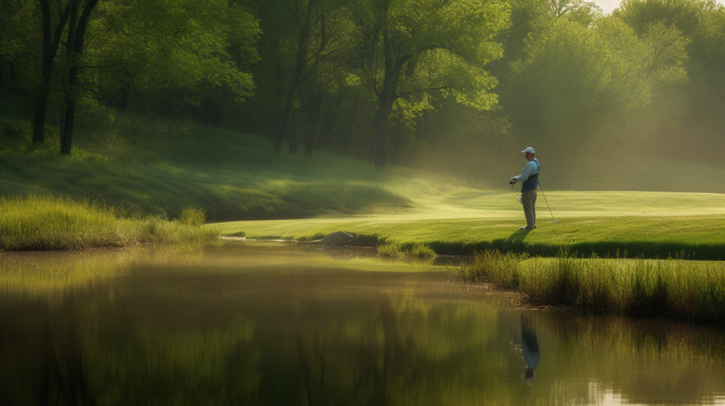 A golfer stands on the tee, weighing the decision to hit a provisional shot in the face of potential challenges. The scenic course poses risks, with woods and water hazards lining the fairway. The image portrays the golfer's contemplative stance, highlighting the strategic nature of choosing a provisional ball when the original shot may be lost or obscured. A moment frozen in time, reflecting the golfer's thoughtful approach to navigating the uncertainties of the game.