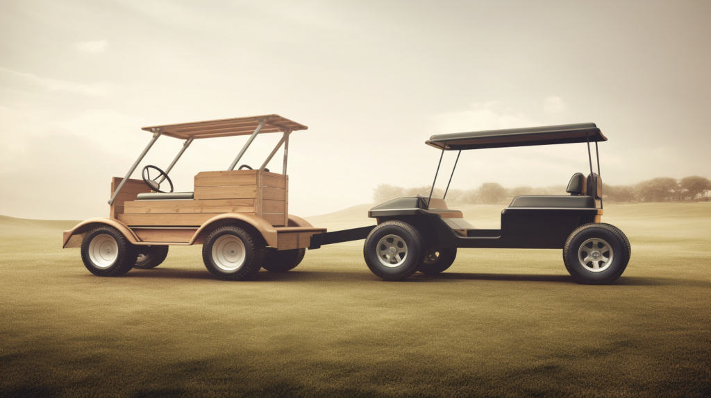 A conceptual image depicts a seesaw balancing the impact of golf cart weights. On one end, a lightweight cart soars, symbolizing efficiency and extended range. On the opposing end, a heavier, feature-laden cart struggles, illustrating challenges in responsiveness and increased energy consumption. The image emphasizes the delicate balance required to optimize golf cart performance while preserving the integrity of golf course landscapes