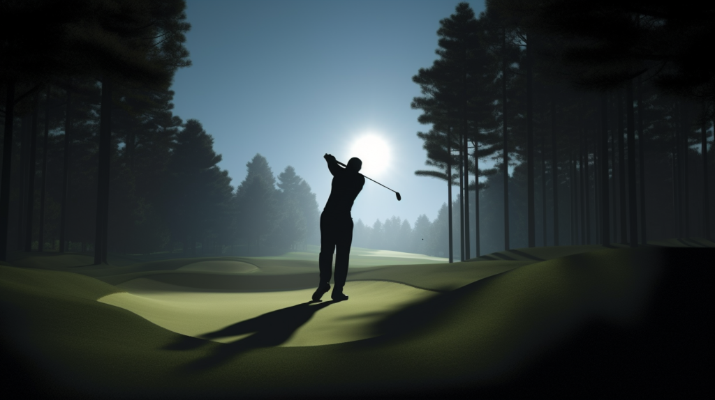 In the midst of a golf swing, a player executes a provisional shot off the tee, strategically navigating the potential challenges of a lost or out-of-bounds first shot. The image conveys the precision of the golfer's movement and the anticipation of a well-considered decision, with the verdant fairway and surrounding trees framing the dynamic moment.