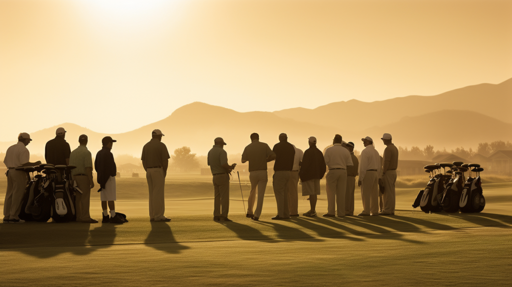 A group of golfers on the first tee, bathed in the morning sunlight, engage in the timeless tradition of deciding on mulligans for the round. The image showcases the collective agreement and camaraderie among the players, emphasizing fair play and fun. A golfer, ready for a "morning mulligan," waits for fellow competitors to tee off before taking a second shot, adhering to the unwritten rules of pace and etiquette. The scene encapsulates the balance between tradition and enjoyment, making mulligans a memorable part of the golfing experience.