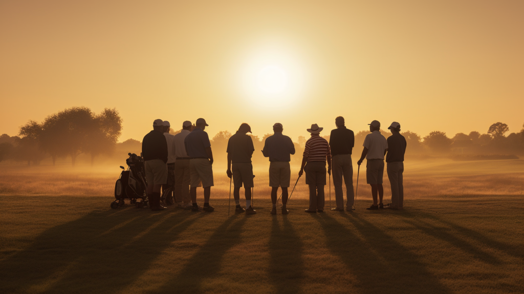 A group of golfers, surrounded by the serene beauty of a golf course, stands on the first tee engaged in a lively conversation about mulligans. The soft morning light accentuates their camaraderie as they collectively decide whether to allow the use of extra attempts. The image reflects the unwritten rules and etiquette of golf, where players respect the tradition by seeking consensus before taking a mulligan. The scene embodies the spirit of fair play and mutual agreement, essential elements in preserving the integrity of the game during recreational rounds.